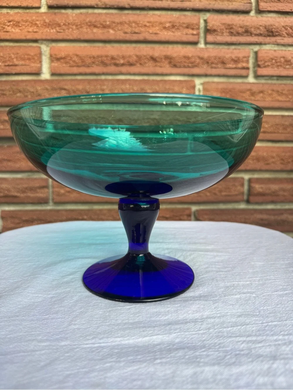 Vintage Teal & Cobalt Blue Art Glass Pedestal Bowl 8”